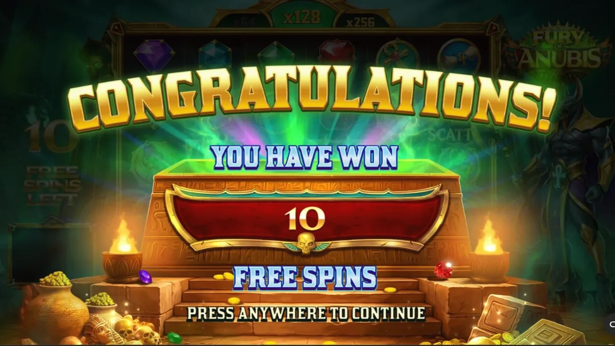 Tampilan visual slot Fury of Anubis dengan tema Mesir kuno yang gelap dan berapi