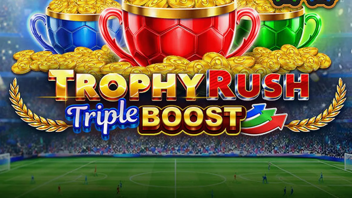 Tampilan visual slot Trophy Rush Triple Boost dengan tema stadion yang megah