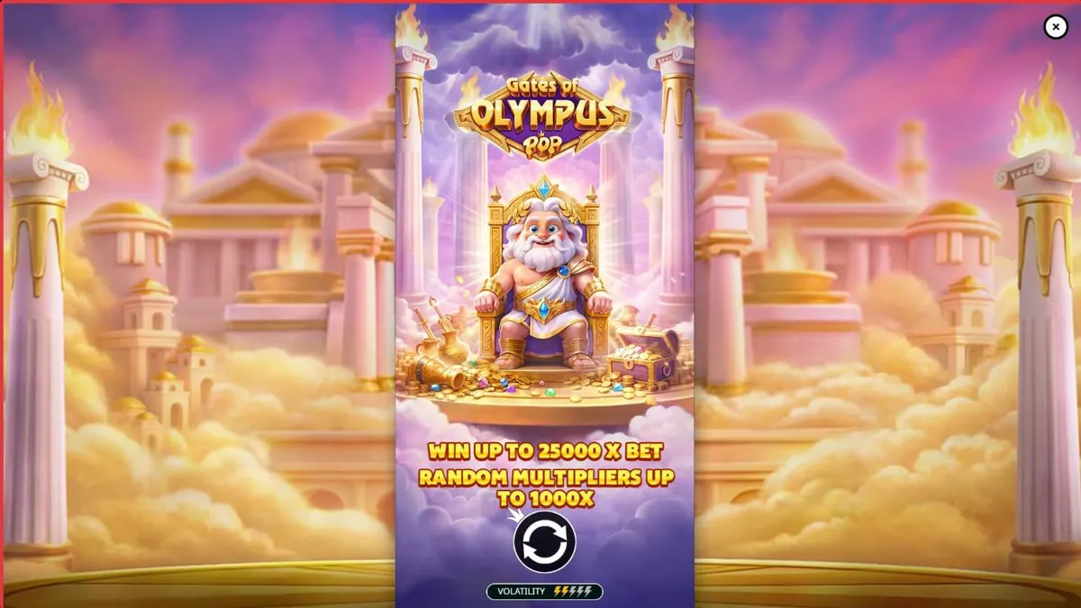 Tampilan visual slot Gates of Olympus POP dengan tema mitologi Yunani dan grid 3x5 yang modern.